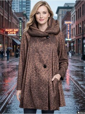Mycra Pac Womens Donatella Reversible Raincoat Bronze Cheetah Pleated Collar S/M